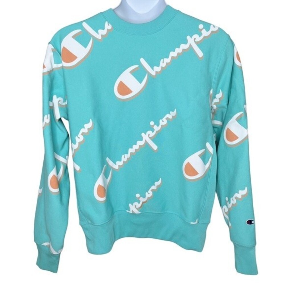 Champion Logo Sweatshirt sz L * Mint Green Reverse Weave Logo Print Streetwear